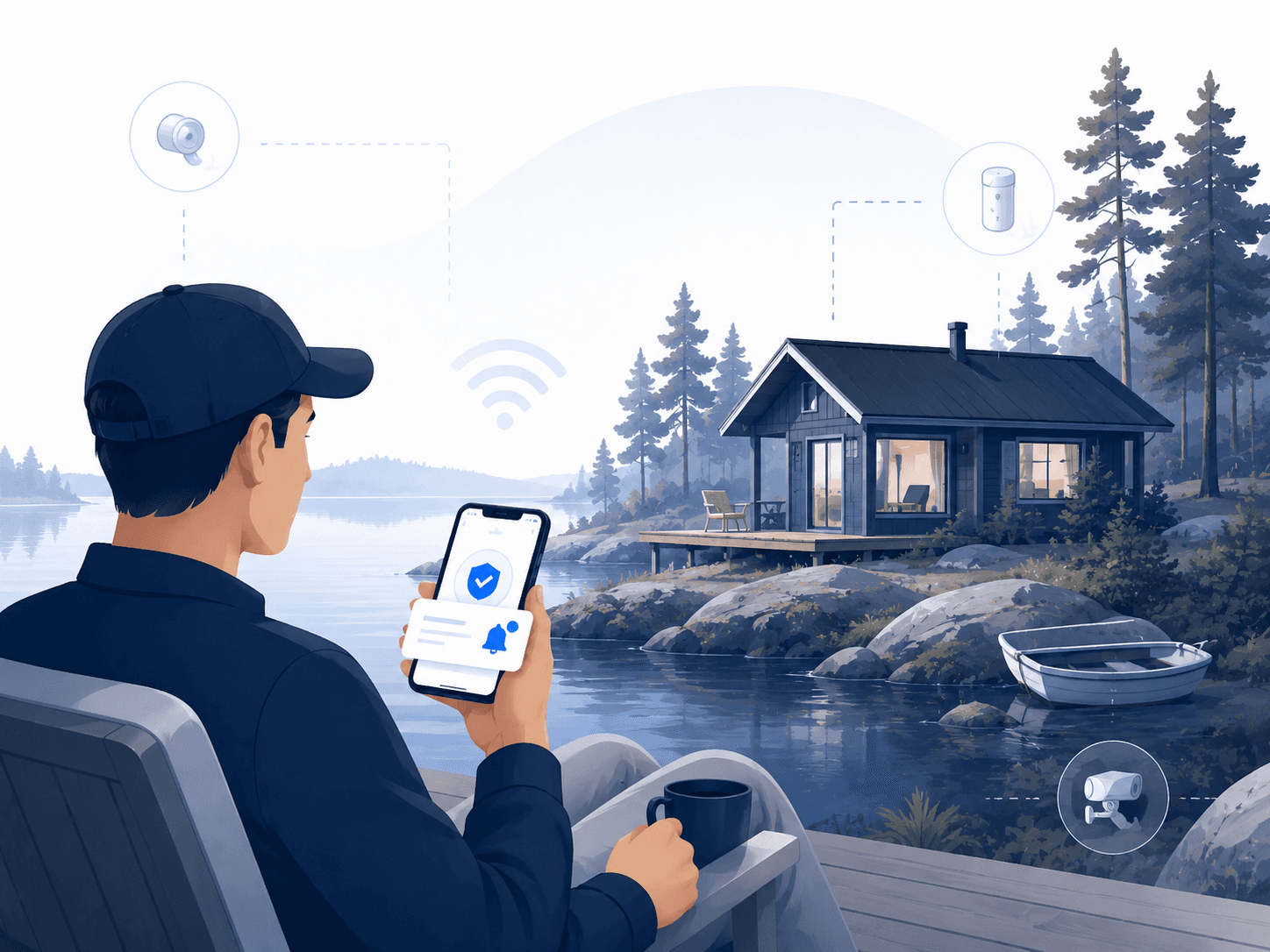 Fritidshus vid sjö med fjärrövervakning i mobilen