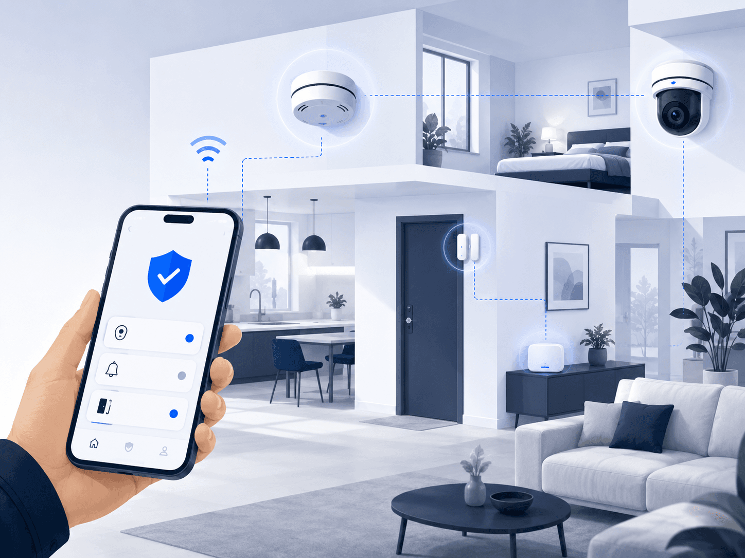 Smart hem med larmapp, sensorer, kamera och brandvarnare